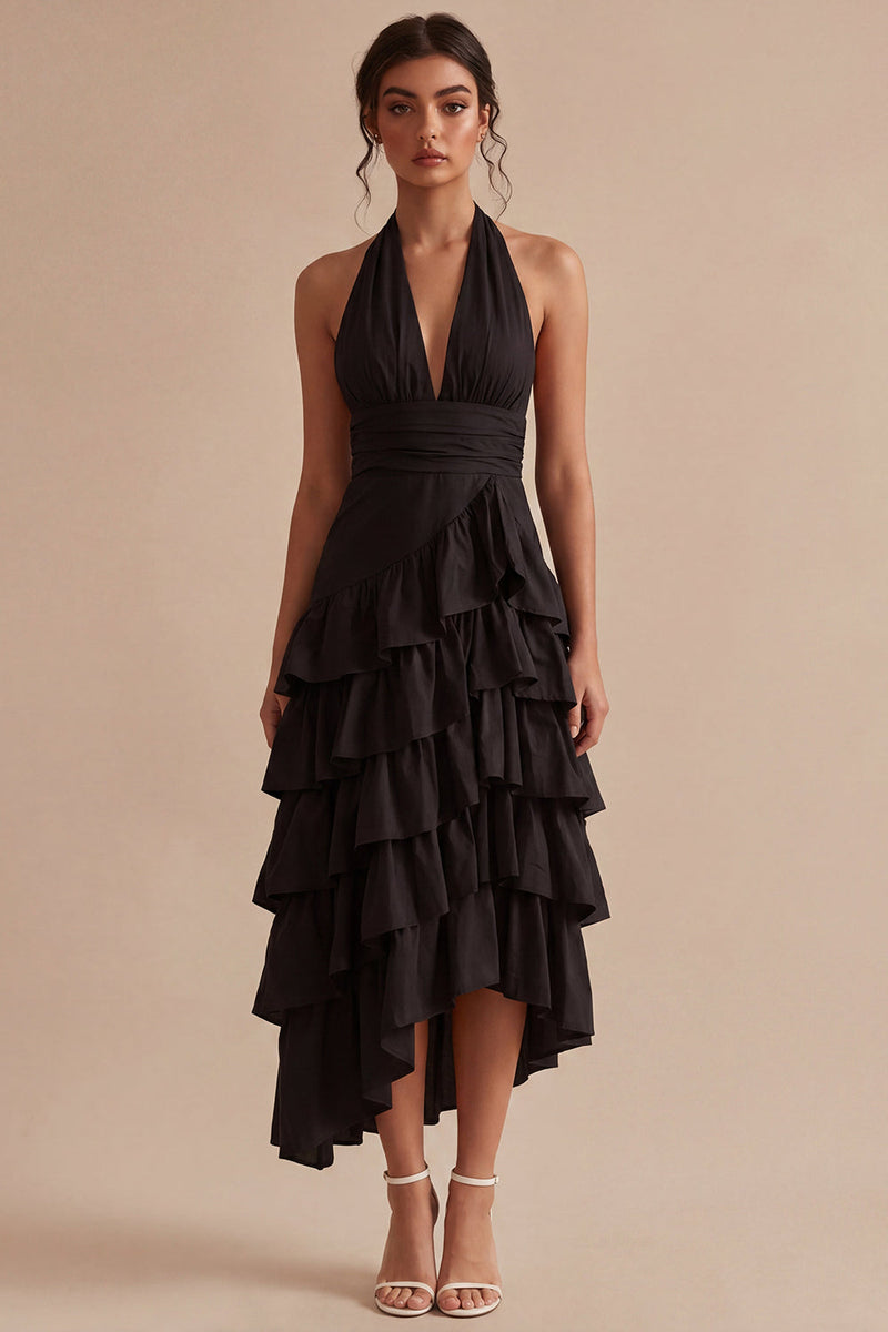 Load image into Gallery viewer, Asymmetrical Black A Line Halter Backless Formal Dress with Ruffles