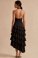 Load image into Gallery viewer, Asymmetrical Black A Line Halter Backless Formal Dress with Ruffles