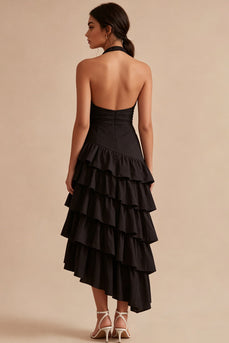 Asymmetrical Black A Line Halter Backless Formal Dress with Ruffles