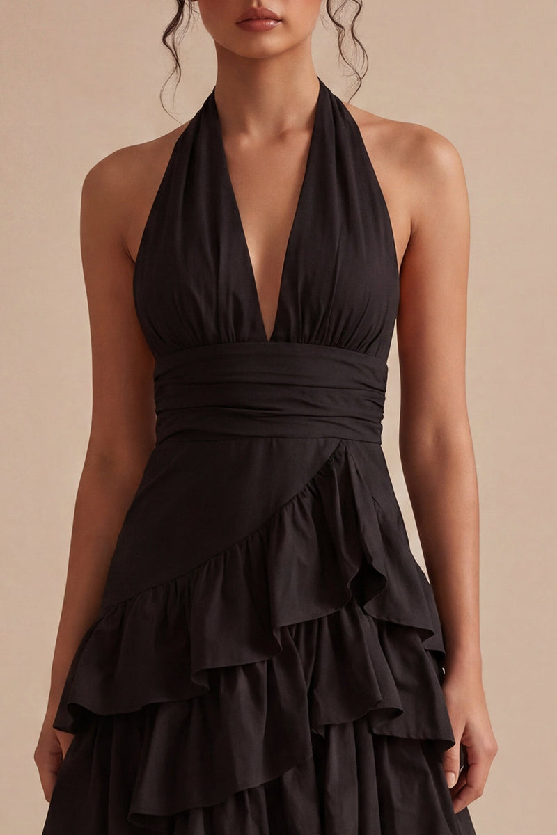 Load image into Gallery viewer, Asymmetrical Black A Line Halter Backless Formal Dress with Ruffles