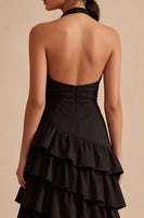 Load image into Gallery viewer, Asymmetrical Black A Line Halter Backless Formal Dress with Ruffles