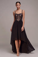 Load image into Gallery viewer, High Low A Line Spaghetti Straps Corset Black Tie Dress