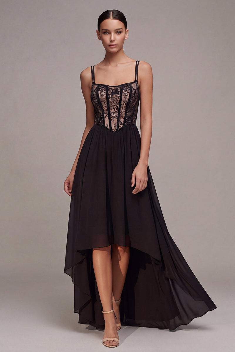 Load image into Gallery viewer, High Low A Line Spaghetti Straps Corset Black Tie Dress