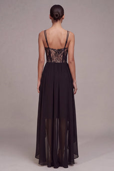 High Low A Line Spaghetti Straps Corset Black Tie Dress