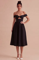 Load image into Gallery viewer, Off the Shoulder Keyhole Midi A Line Little Black Dress