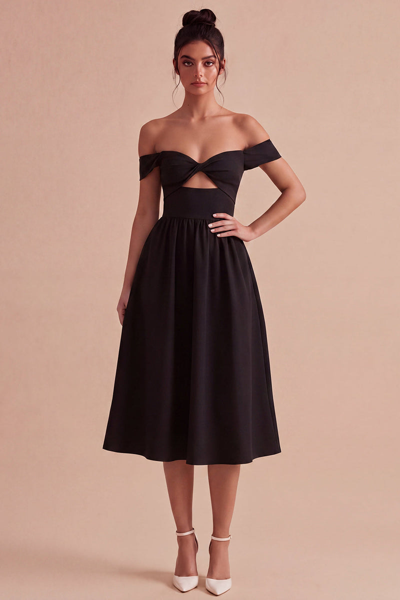 Load image into Gallery viewer, Off the Shoulder Keyhole Midi A Line Little Black Dress