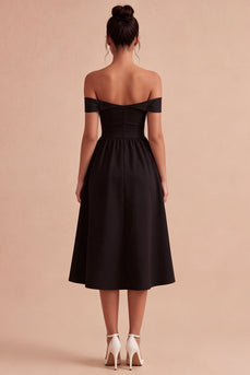 Off the Shoulder Keyhole Midi A Line Little Black Dress