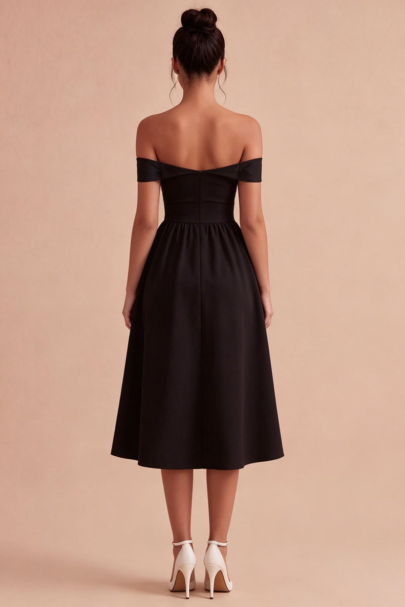 Load image into Gallery viewer, Off the Shoulder Keyhole Midi A Line Little Black Dress