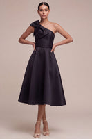 Load image into Gallery viewer, One Shoulder Maxi Black A Line Formal Dress with Bow