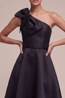 Load image into Gallery viewer, One Shoulder Maxi Black A Line Formal Dress with Bow
