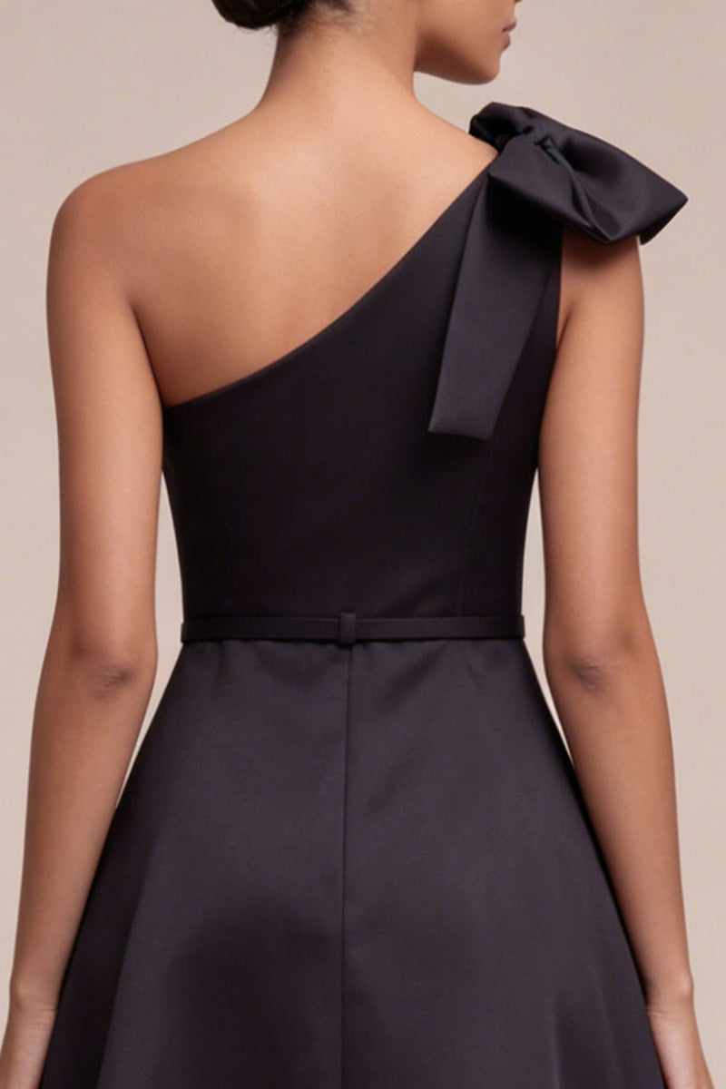 Load image into Gallery viewer, One Shoulder Maxi Black A Line Formal Dress with Bow