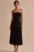 Load image into Gallery viewer, A Line Ruched Spaghetti Straps Long Black Tie Dress