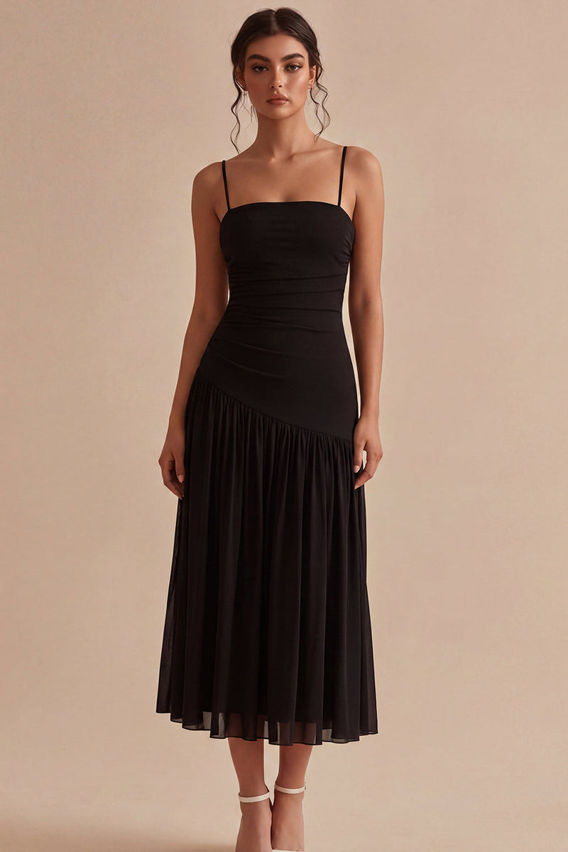 Load image into Gallery viewer, A Line Ruched Spaghetti Straps Long Black Tie Dress