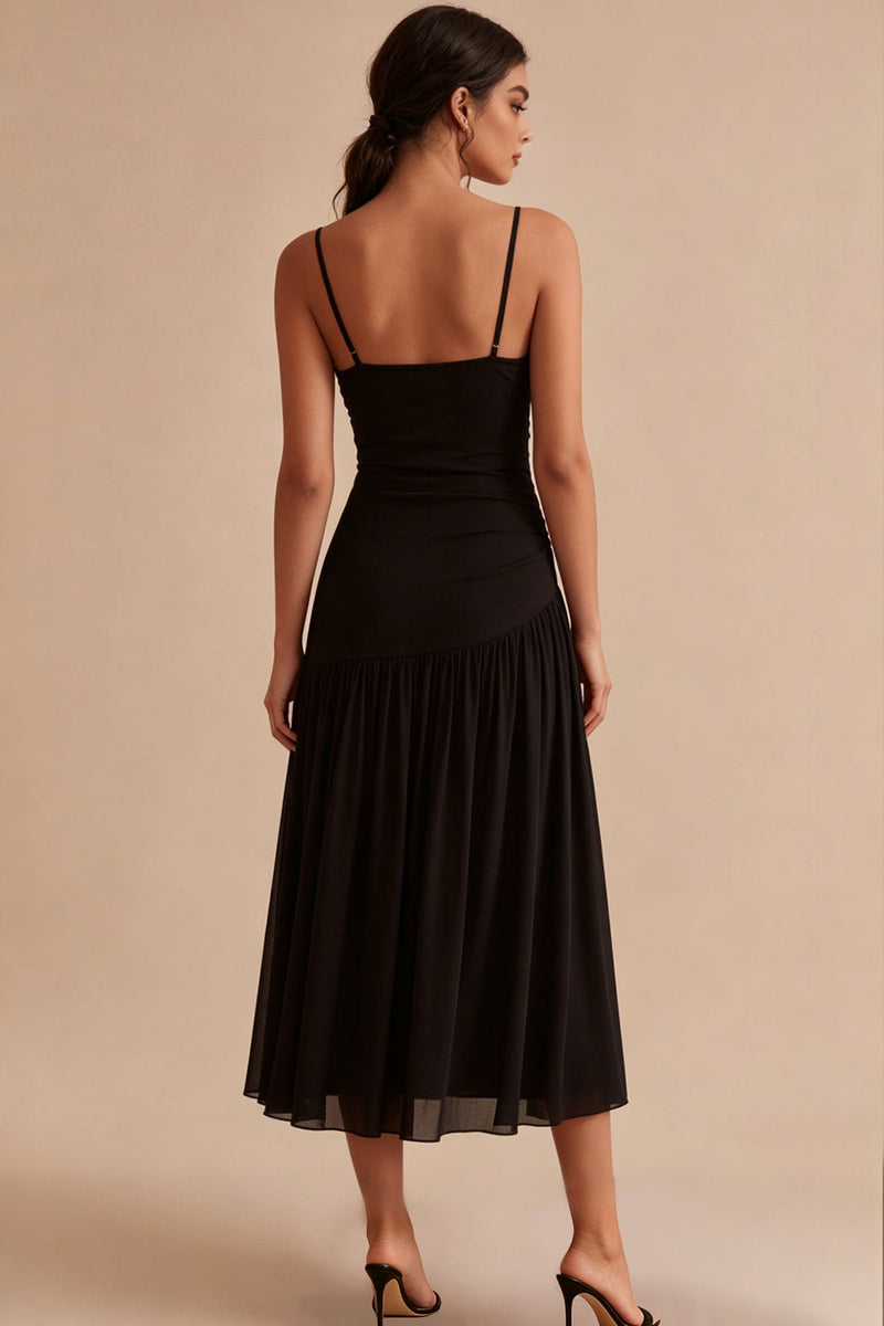 Load image into Gallery viewer, A Line Ruched Spaghetti Straps Long Black Tie Dress