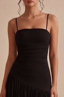 Load image into Gallery viewer, A Line Ruched Spaghetti Straps Long Black Tie Dress
