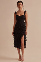Load image into Gallery viewer, Thick Straps Ruffled Midi Black Cocktail Dress with Slit