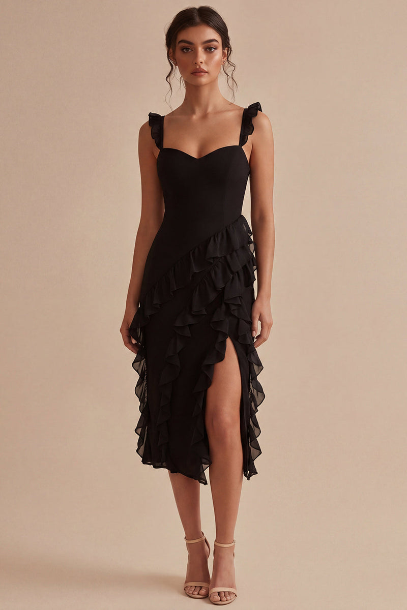 Load image into Gallery viewer, Thick Straps Ruffled Midi Black Cocktail Dress with Slit