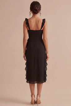 Thick Straps Ruffled Midi Black Cocktail Dress with Slit