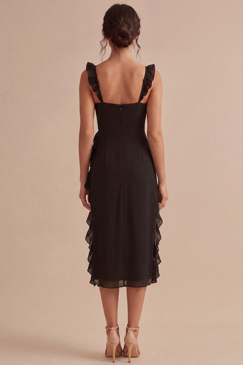 Load image into Gallery viewer, Thick Straps Ruffled Midi Black Cocktail Dress with Slit