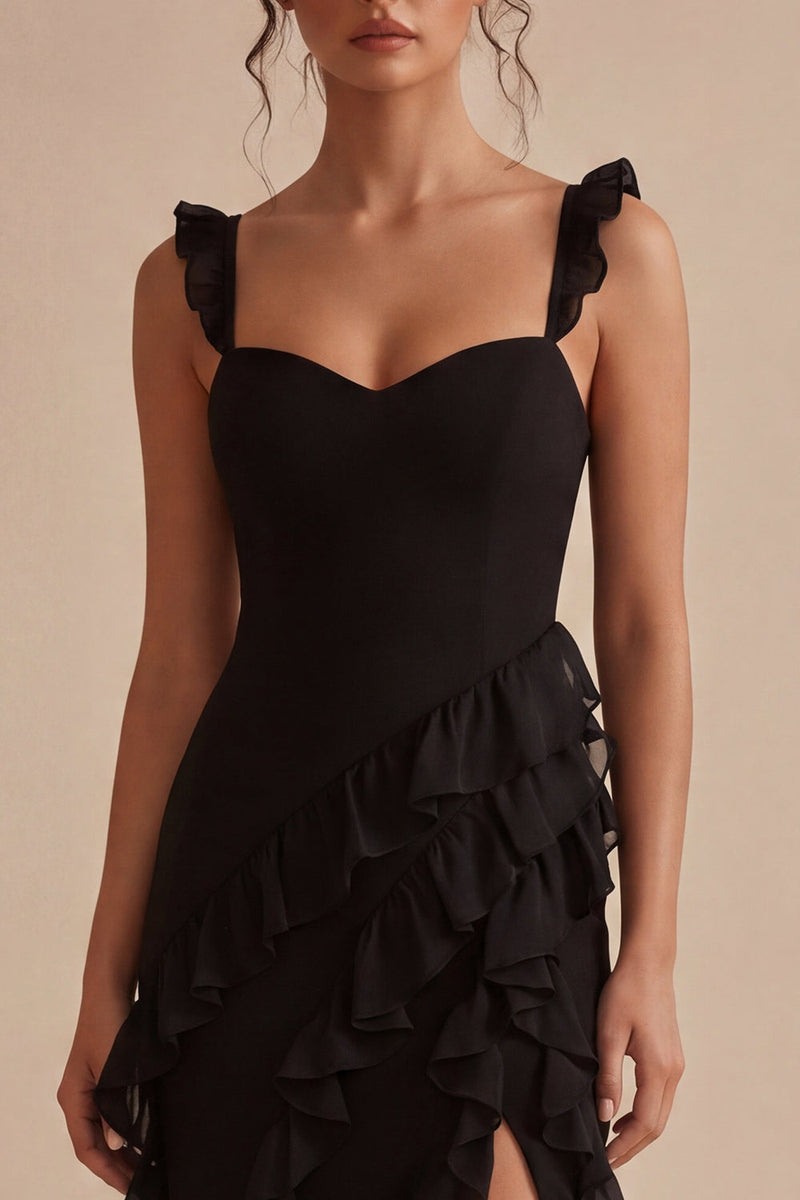 Load image into Gallery viewer, Thick Straps Ruffled Midi Black Cocktail Dress with Slit