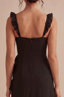 Load image into Gallery viewer, Thick Straps Ruffled Midi Black Cocktail Dress with Slit
