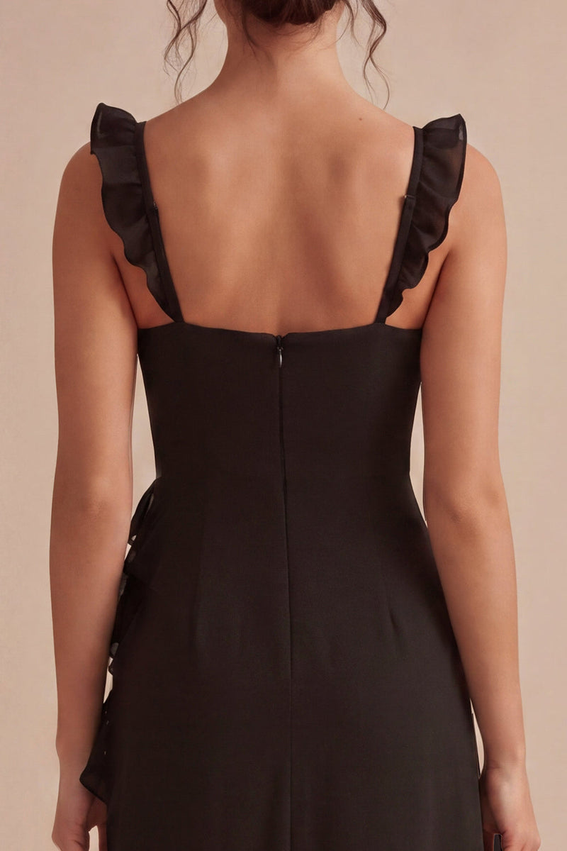 Load image into Gallery viewer, Thick Straps Ruffled Midi Black Cocktail Dress with Slit
