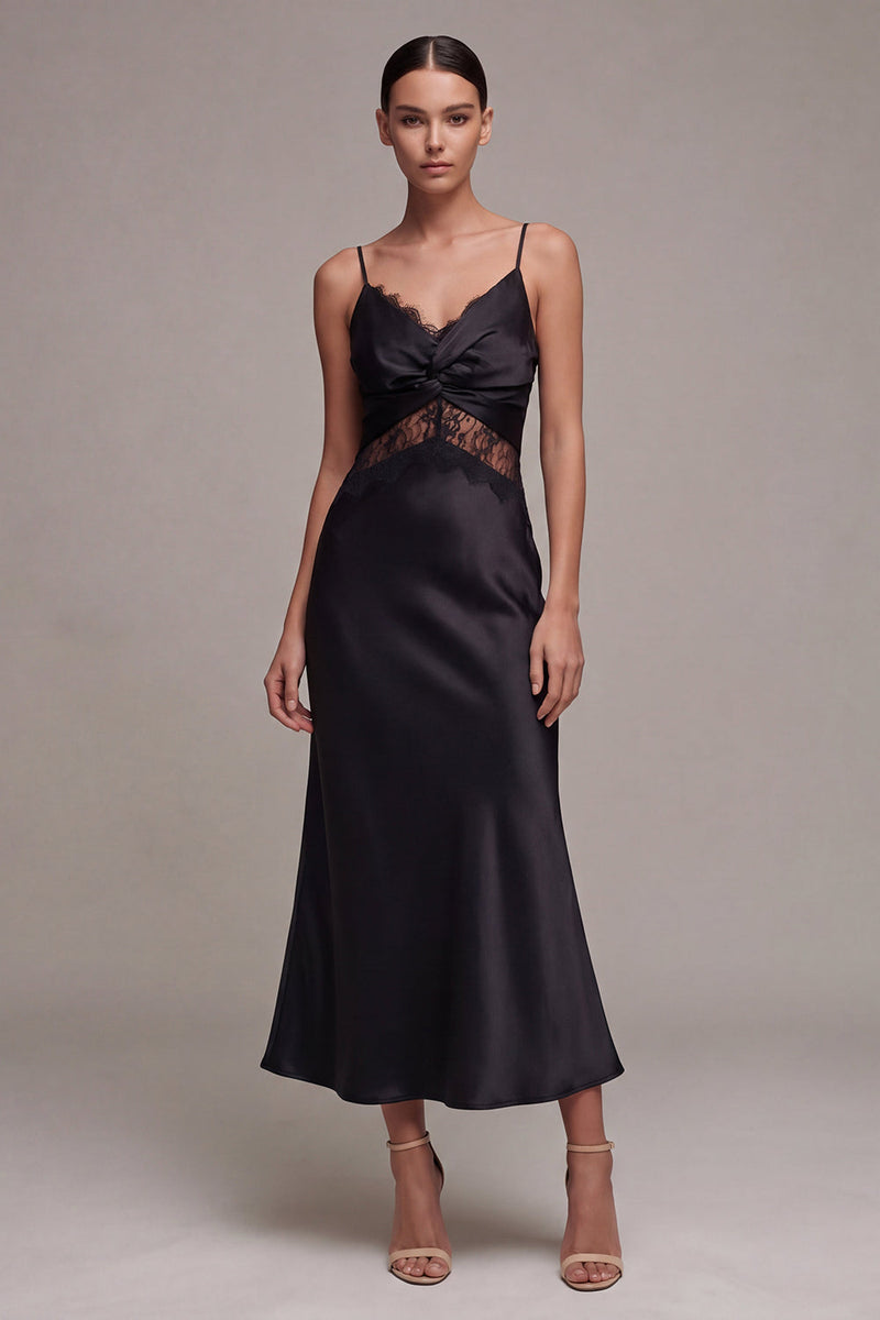 Load image into Gallery viewer, Long Spaghetti Straps Mermaid Black Tie Dress with Lace