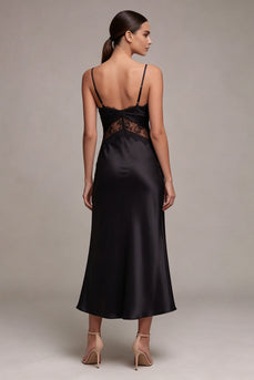 Long Spaghetti Straps Mermaid Black Tie Dress with Lace