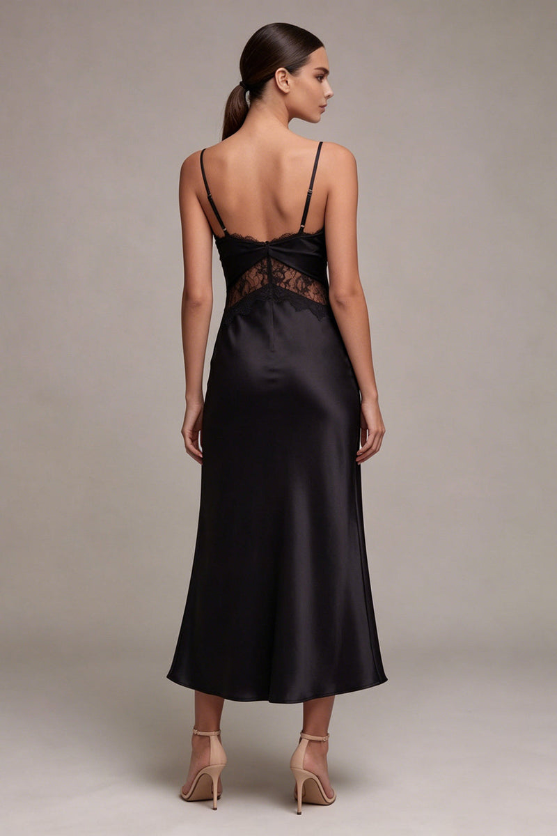 Load image into Gallery viewer, Long Spaghetti Straps Mermaid Black Tie Dress with Lace