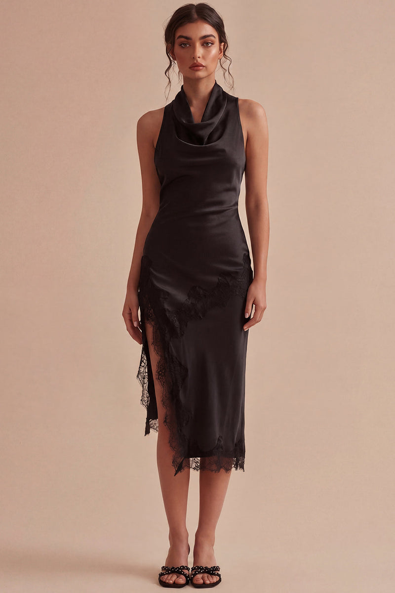 Load image into Gallery viewer, Mermaid Halter Midi Black Backless Cocktail Dress with Slit