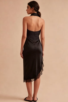 Mermaid Halter Midi Black Backless Cocktail Dress with Slit