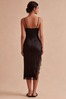 Spaghetti Straps Black Bodycon Midi Cocktail Dress with Slit