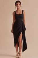 Load image into Gallery viewer, Bodycon Scoop Neck Midi Ruched Black Cocktail Dress with Sash