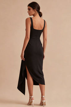 Bodycon Scoop Neck Midi Ruched Black Cocktail Dress with Sash