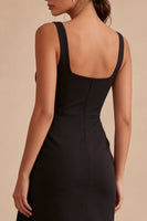 Load image into Gallery viewer, Bodycon Scoop Neck Midi Ruched Black Cocktail Dress with Sash