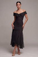 Load image into Gallery viewer, Mermaid Off the Shoulder Ruched Long Black Tie Dress with Ruffles