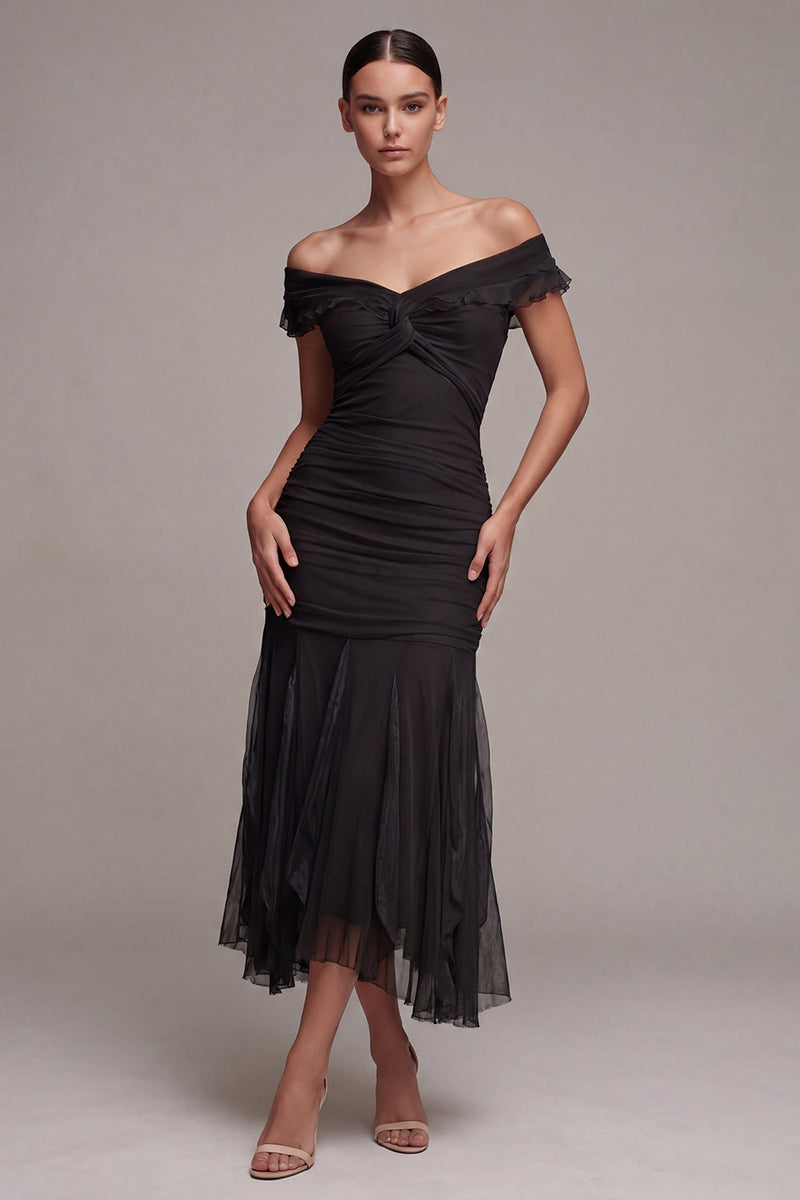 Load image into Gallery viewer, Mermaid Off the Shoulder Ruched Long Black Tie Dress with Ruffles
