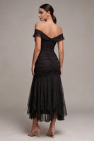 Load image into Gallery viewer, Mermaid Off the Shoulder Ruched Long Black Tie Dress with Ruffles