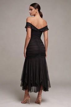 Mermaid Off the Shoulder Ruched Long Black Tie Dress with Ruffles