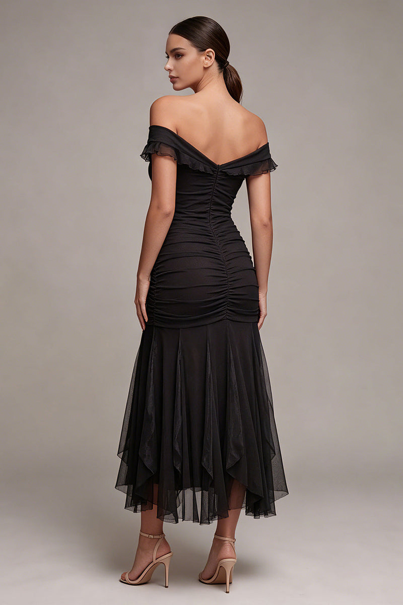 Load image into Gallery viewer, Mermaid Off the Shoulder Ruched Long Black Tie Dress with Ruffles