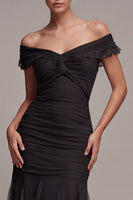 Load image into Gallery viewer, Mermaid Off the Shoulder Ruched Long Black Tie Dress with Ruffles