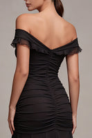 Load image into Gallery viewer, Mermaid Off the Shoulder Ruched Long Black Tie Dress with Ruffles