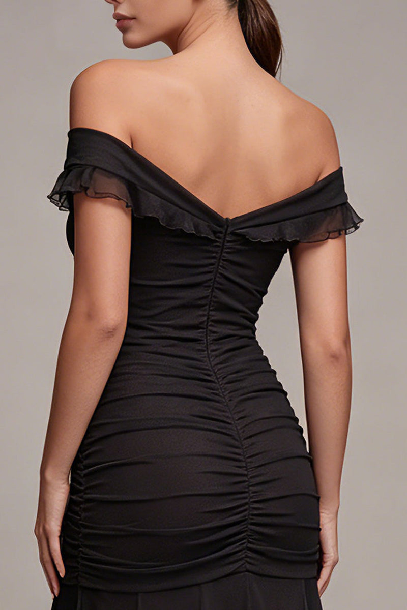 Load image into Gallery viewer, Mermaid Off the Shoulder Ruched Long Black Tie Dress with Ruffles