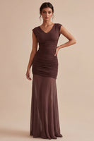Load image into Gallery viewer, Brown V-Neck Long Ruched Mermaid Formal Dress