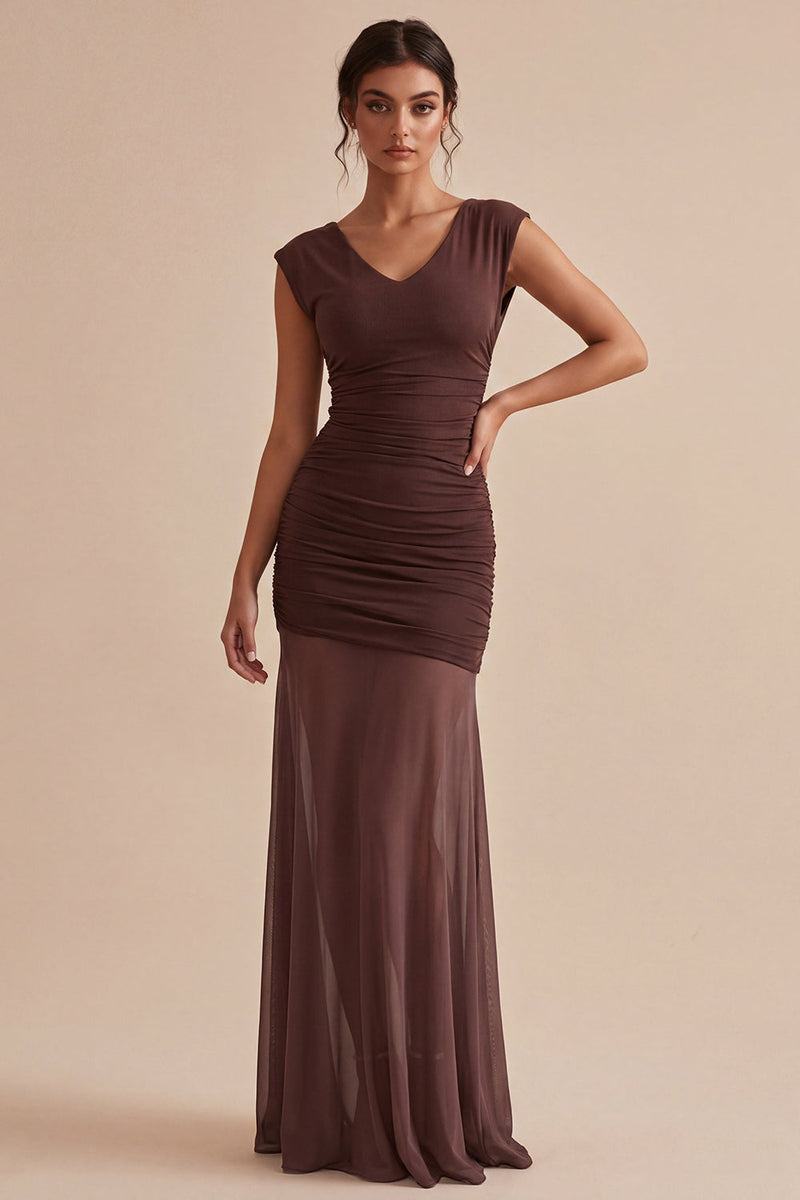 Load image into Gallery viewer, Brown V-Neck Long Ruched Mermaid Formal Dress