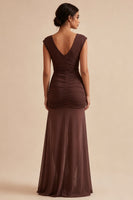 Load image into Gallery viewer, Brown V-Neck Long Ruched Mermaid Formal Dress