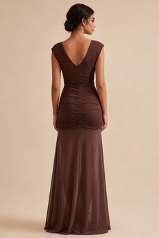 Brown V-Neck Long Ruched Mermaid Formal Dress