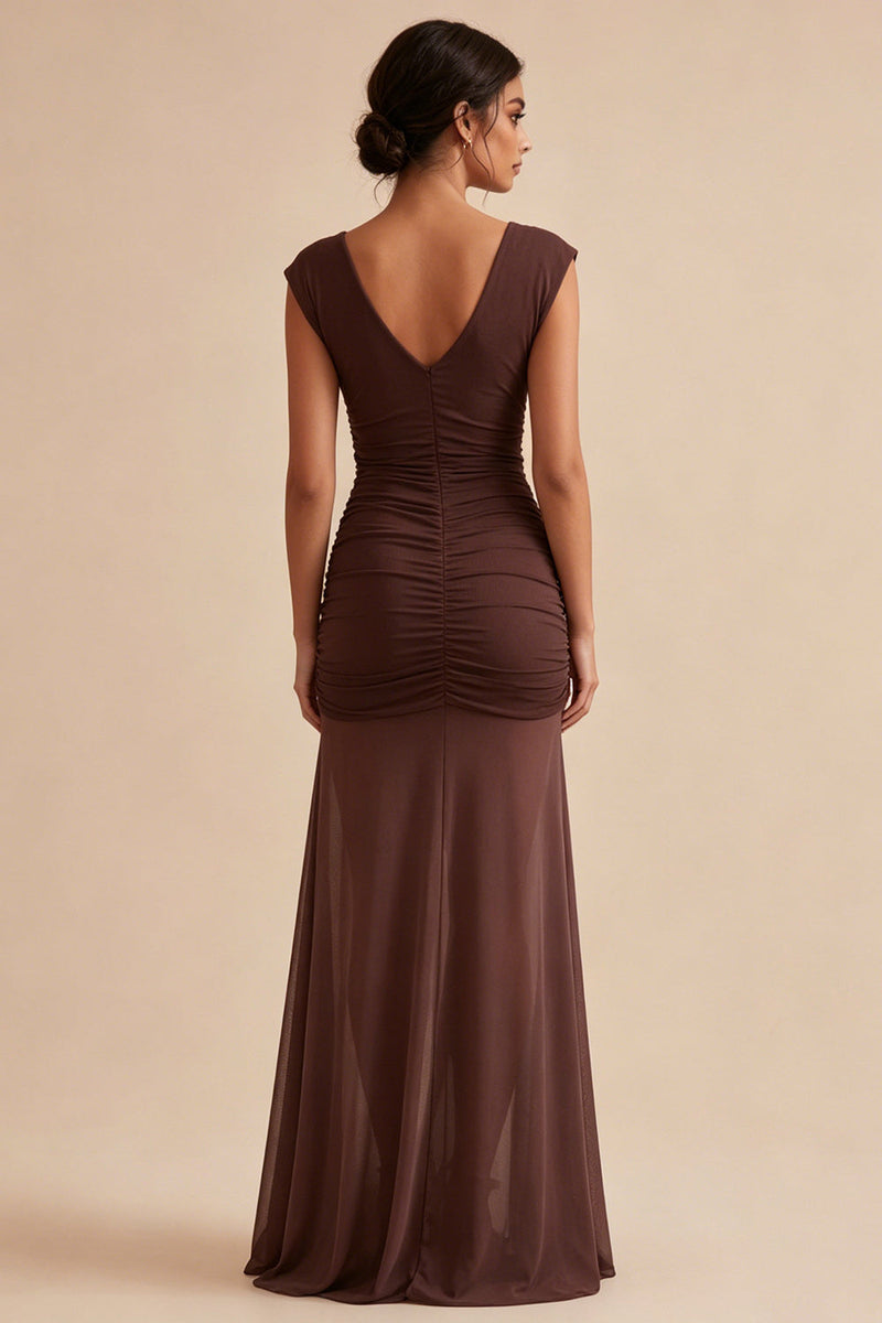 Load image into Gallery viewer, Brown V-Neck Long Ruched Mermaid Formal Dress