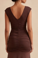 Load image into Gallery viewer, Brown V-Neck Long Ruched Mermaid Formal Dress