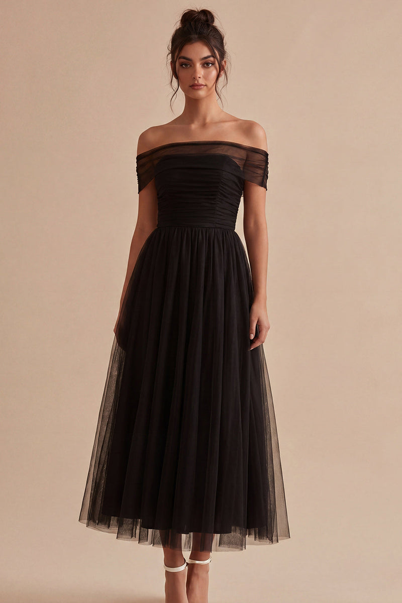 Load image into Gallery viewer, Simple Black A Line Off the Shoulder Maxi Formal Dress